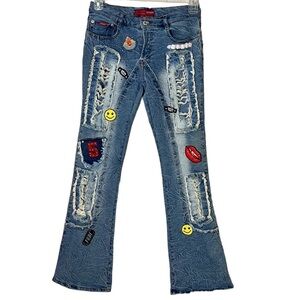 LeMore Vintage Y2K Patchwork Distressed Boot Cut Jeans Light wash Grunge sz9